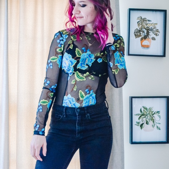 Nasty Gal Tops - Nasty Gal Blue Embroidered Bodysuit